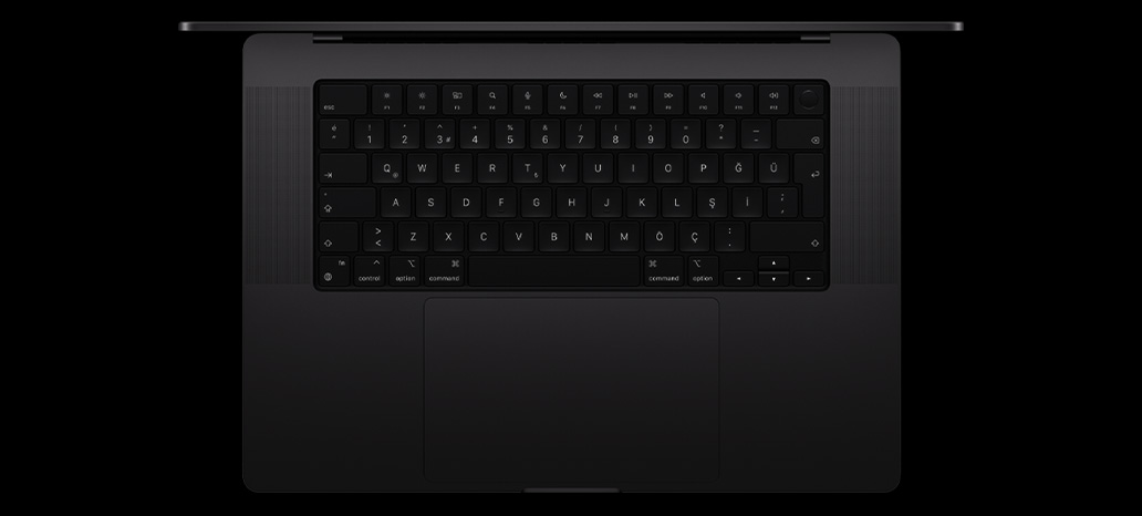 Yerleşik trackpad ve Touch ID özellikli Magic Keyboard’u gösteren, MacBook Pro’nun üstten görünümü