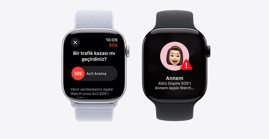 İki adet Apple Watch Series 10. İlkinde Acil Arama düğmesini içeren Trafik Kazası Algılama ekranı gösteriliyor. İkincisinde “Anne”nin sert bir şekilde düştüğüne ve acil servisin arandığına ilişkin bir bildirim ekranı gösteriliyor.