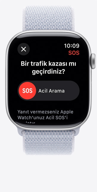 Düşme Algılama bildirimini gösteren bir Apple Watch Series 10’un önden görünümü.