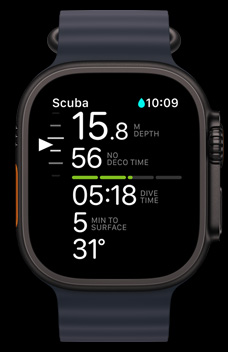 Apple Watch Ultra 2 顯示 Oceanic+ app 的畫面。