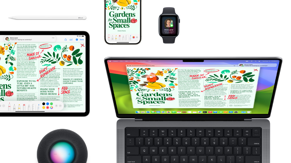 一組 iPad、iPhone、Apple Watch 與 Mac 裝置，螢幕顯示相同的內容。