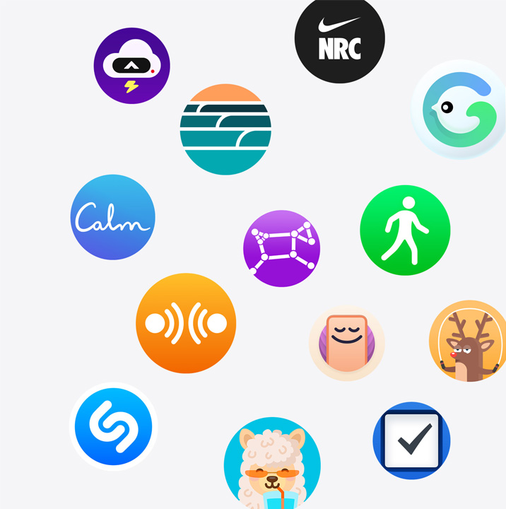 多款來自 App Store 的 Apple Watch app 圖像。包括 Calm、CARROT、Dawn Patrol、Grow、iTranslate、Night Sky、Nike Run Club、OffScreen、Pedometer++、Shazam、Things 3、Waterllama、YaoYao