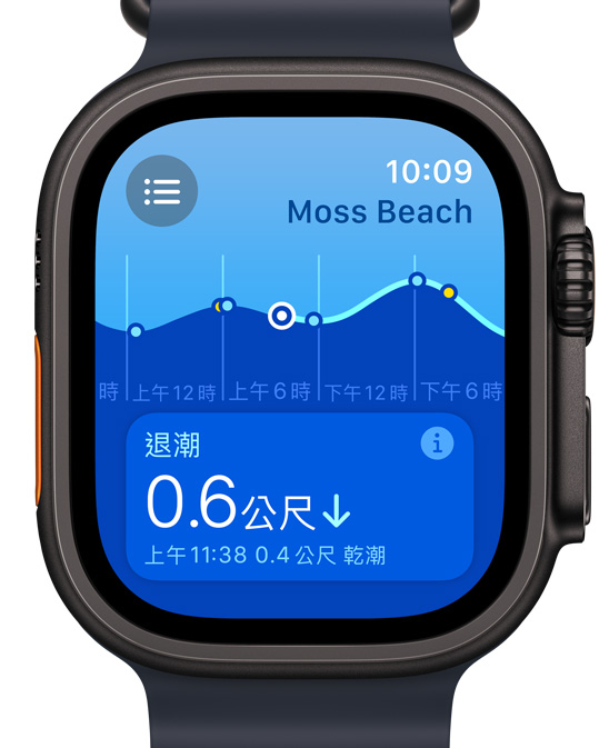 Apple Watch Ultra 螢幕顯示全新的潮汐 app。