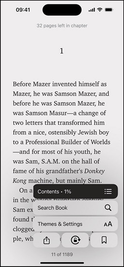 iPhone screen displaying a book page in the Books app. Overlaid on the book page, options for enlarging text, Search Book and Themes & Settings on the screen are shown.