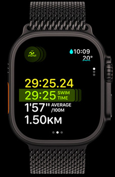 Apple Watch Ultra 2 showing the swim duration, pace, and distance as part of the Multisport feature.