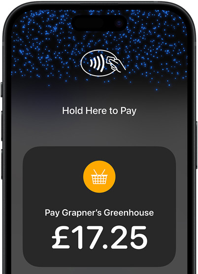 A close-up of an iPhone device’s screen which has the contactless payment icon and transaction information onscreen.