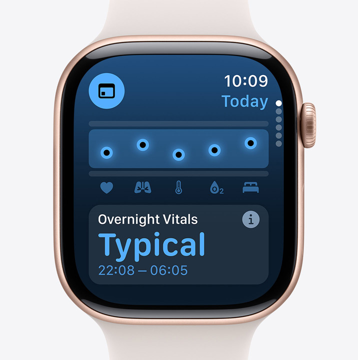 A Vitals app screen on Apple Watch Series 10 showing that the data collected overnight was typical.