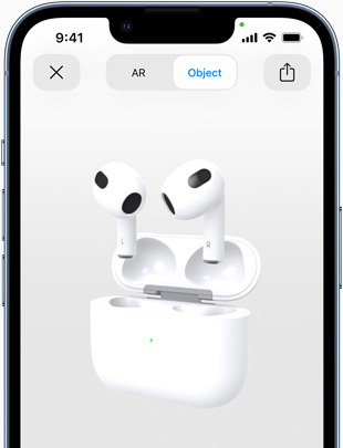 Screen shows AirPods (3rd generation) being displayed in augmented reality view on iPhone.