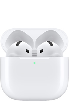 AirPods 4 nyitott fedelű töltőtokban.