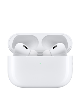 AirPods Pro kõrvaklapid avatud kaanega laadimiskarbis.