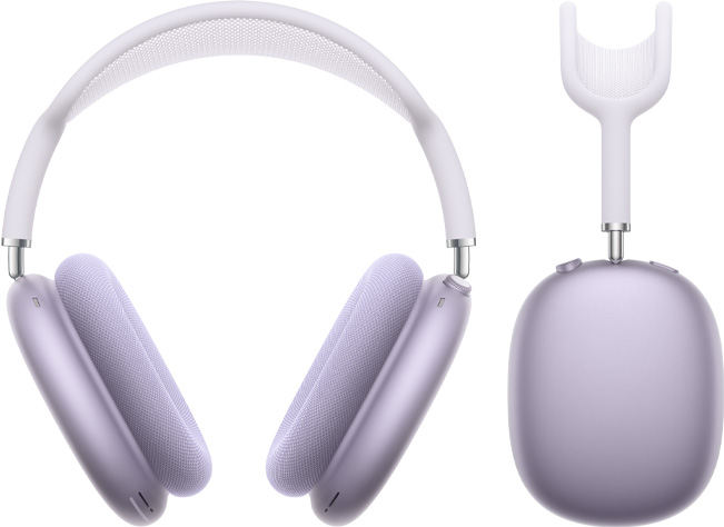 AirPods Max Purple shot no priekšpuses un no sāniem