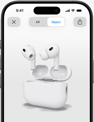 „iPhone“ ekranas, kuriame rodomas „AirPods Pro“ papildytos realybės perteikimas.