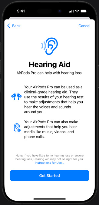 The Hearing Aid introduction screen