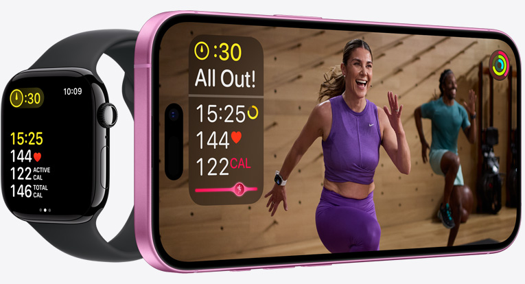 Fitness+ workout with synced metrics on iPhone and Apple Watch