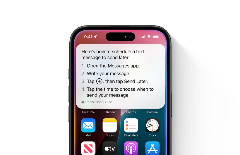 An iPhone is shown with step-by-step guidelines on how to schedule a text message to send later