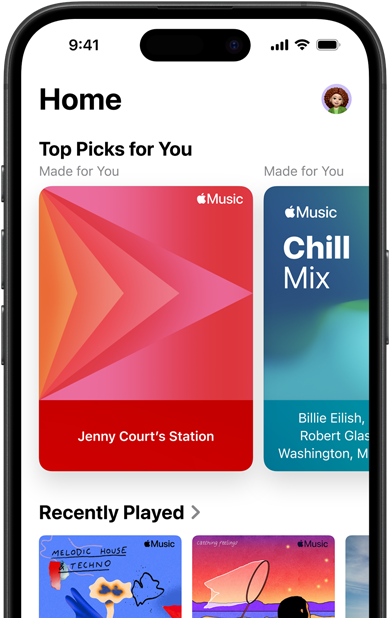 Apple Music Home tab screen on iPhone, Top Picks for You carousel showing Jenny Court's personalized stations and playlists