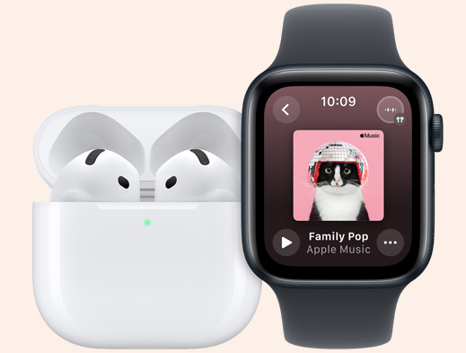 AirPods sitting next to an Apple Watch.