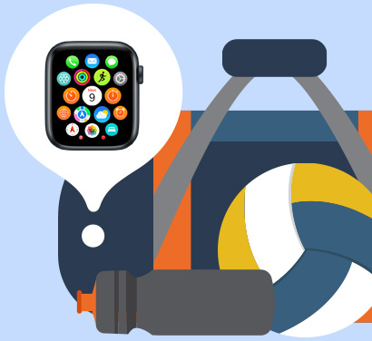 An illustrated picture of a backpack. An Apple Watch sits in a bubble over it to indicate its location in the bag.