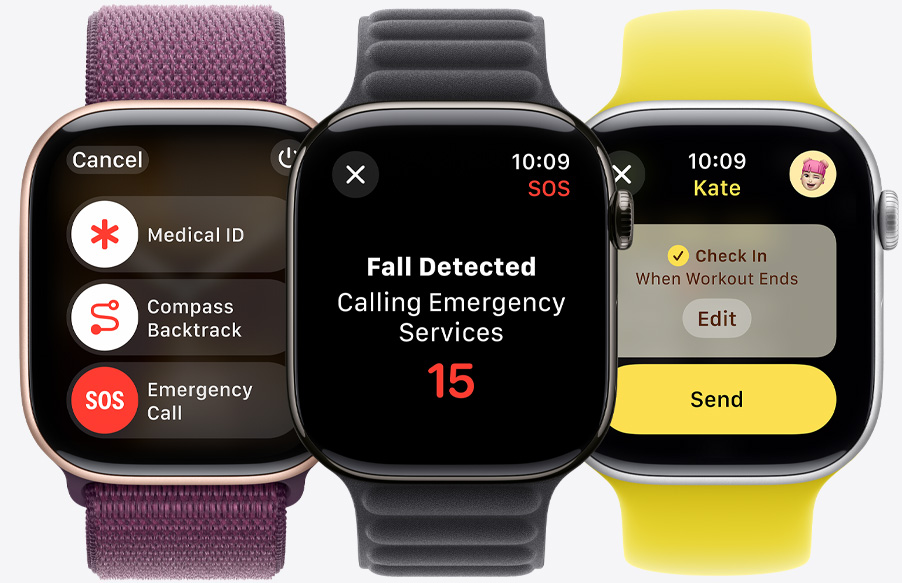 Apple Watch Series 10 kellal näidatakse meditsiini-ID ja kompassirakenduse Backtrack-funktsiooni liugurite kõrval hädaabikõne liugurit. Apple Watch Series 10 kell tuvastab kukkumise. Kellelegi saadetakse Apple Watch Series 10 kellalt Check In teavitus.