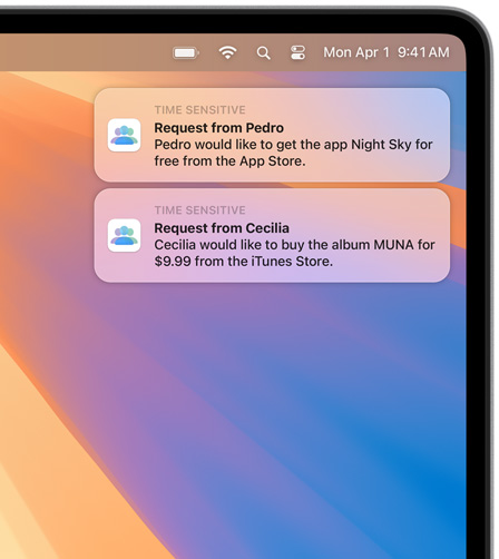 Two macOS notifications in the top-right corner of a Mac screen, each showing purchase requests, the first for Night Sky from the App Store, the second for the album MUNA from the iTunes Store