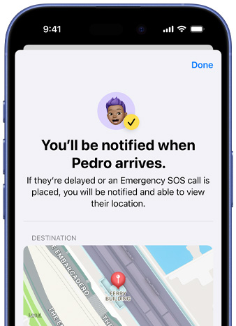 iPhone screen shows a confirmation that a Find My notification has been set up, text reads 'You'll be notified when Pedro arrives,' map with pinned location sits at bottom of screen