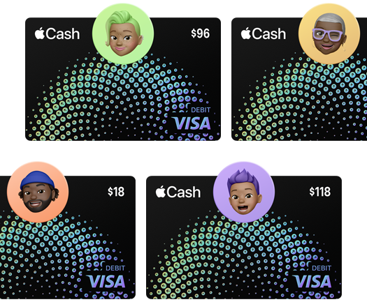 Four images of the digital Apple Cash card, each with a Memoji sitting on top of it