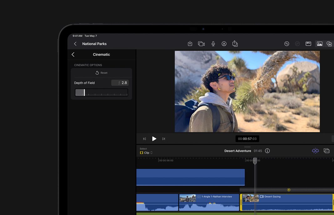 Editing in Final Cut Pro for iPad footage shot in Cinematic Mode on iPhone focused on young man in foreground.