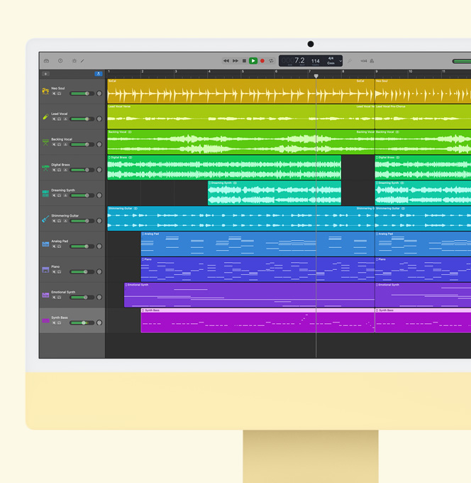 Sárga iMac, kijelzőjén a GarageBand alkalmazással.