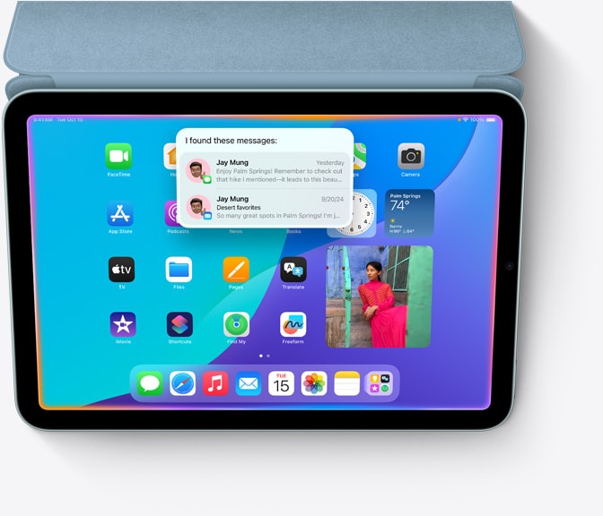 Smart Folio takılı iPad mini, iPad mini ekranında yeni bir Apple Intelligence özelliği olan Siri ile bağlamsal arama gösteriliyor.