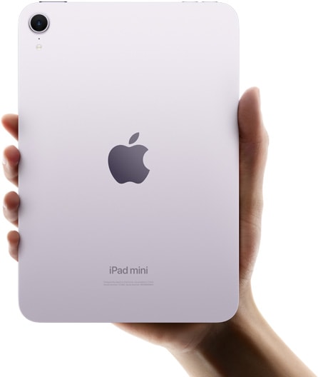 Una mano che tiene un iPad mini visto da dietro per mostrarne il design compatto e portatile.