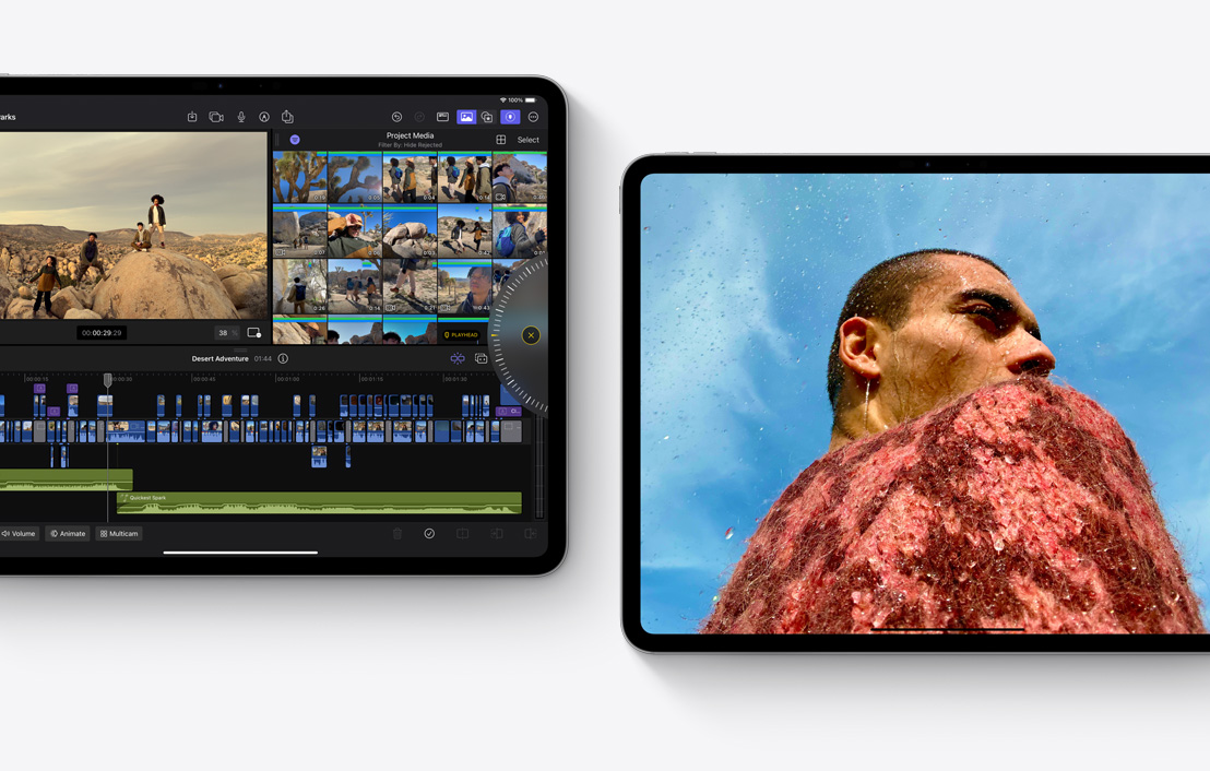 Divi iPad Pro, kuros atvērtas Final Cut Pro 2.0 un Photos aplikācijas.