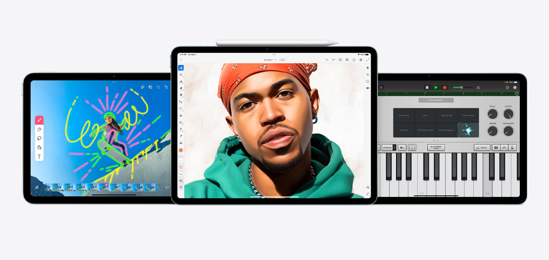 Divi iPad un iPad Air, kuros atvērtas FlipaClip, Adobe Fresco un GarageBand aplikācijas.