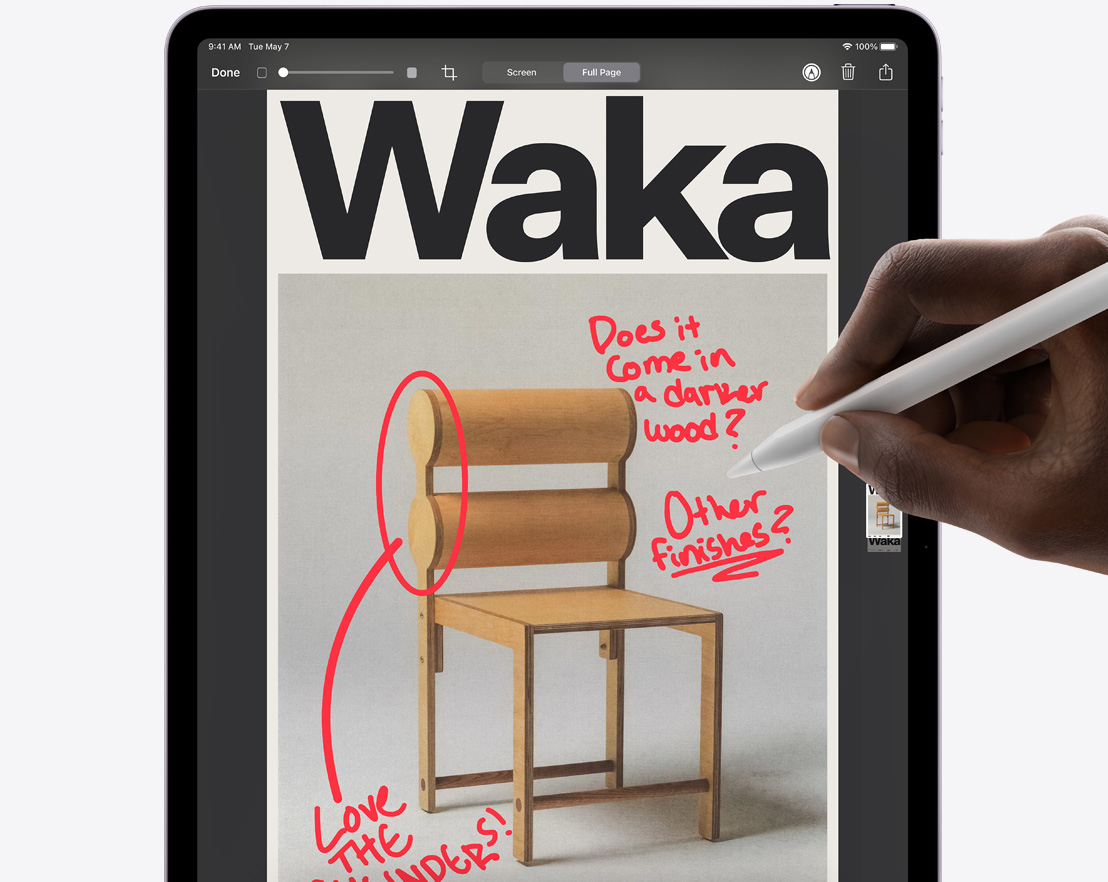 iPad Pro ar Apple Pencil Pro tiek veikta atzīme Safari ekrānuzņēmumā.