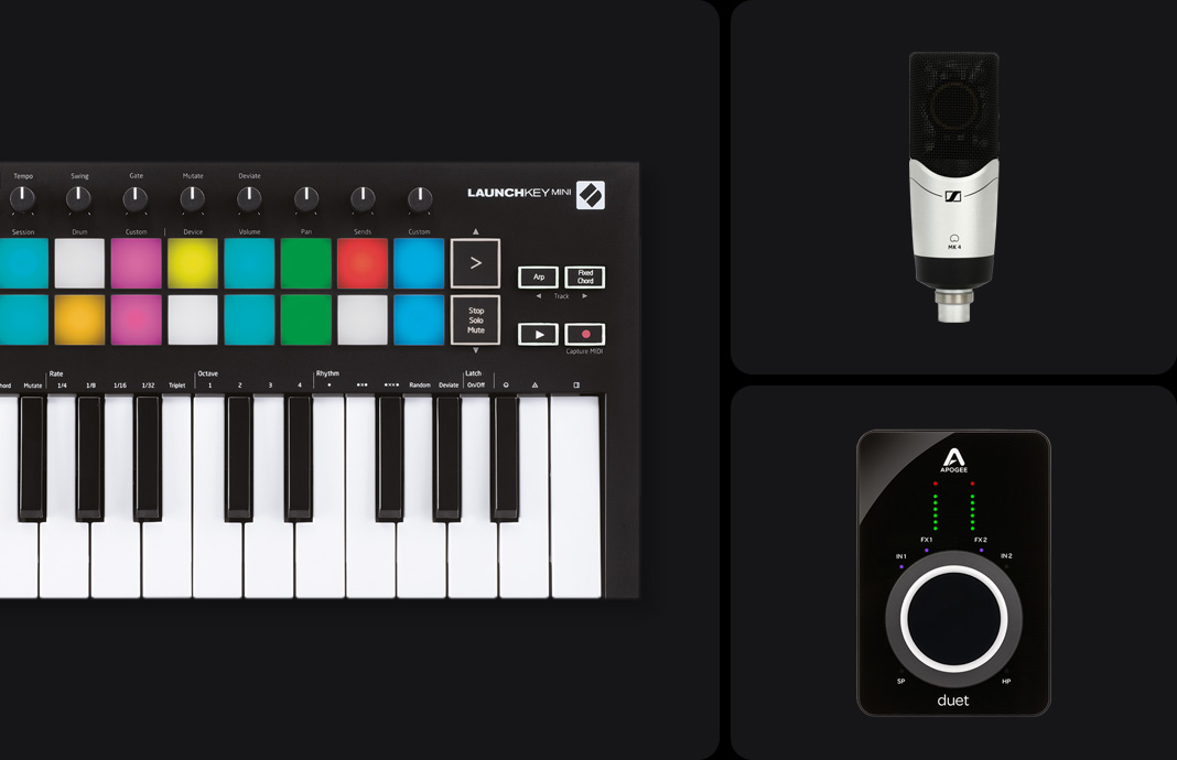 A pro recording studio setup including speakers, monitor, audio interface, headphones, piano, keyboard, mouse, and iPad is shown on desk. The desktop display shows a full project view in Logic Pro and the iPad screen shows the mixing console in Logic Pro for iPad.