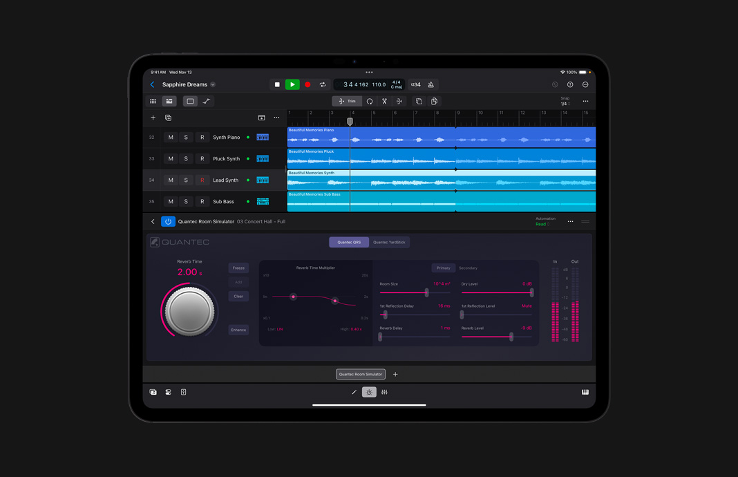 An iPad displaying a screen showing Quantec reverb - accurate room simulator.