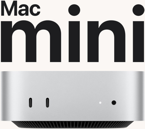 Un Mac mini color argento mostrato di fronte con le porte anteriori e l’indicatore di stato in evidenza.