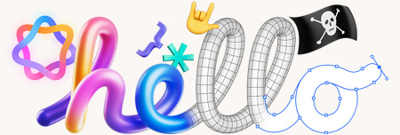 Colourful bubble letters spelling “hello”, surrounded by a pirate flag, the emoji for I love you in American Sign Language and the Apple Intelligence symbol.