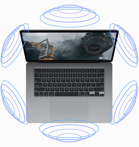 Top view of MacBook Air with illustration demonstrating Spatial Audio working during a movie