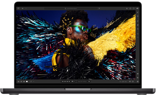 MacBook Pro รุ่น 14 นิ้ว ที่แสดงภาพจอภาพ Liquid Retina XDR