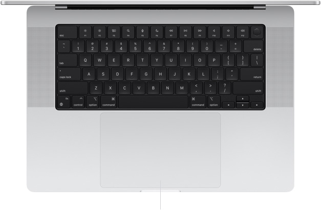 มุมมองด้านบนของ MacBook Pro รุ่น 16 นิ้วที่เปิดอยู่ ซึ่งแสดงแทร็คแพด Force Touch ที่อยู่ด้านล่างของคีย์บอร์ด