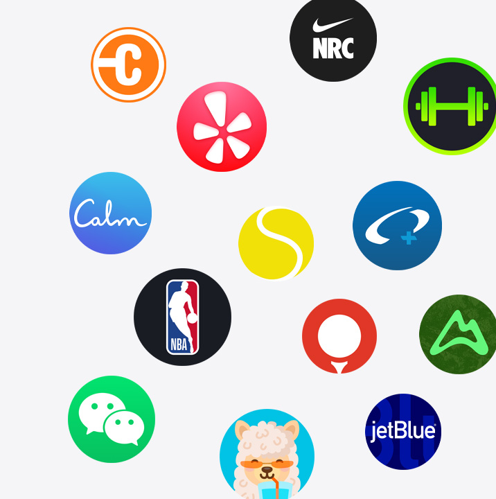 The icons of Apple Watch apps from the App Store. ChargePoint, Yelp, Nike Run Club, SmartGym, Calm, NBA, SwingVision, Oceanic+, WeChat, Waterllama, Golfshot, JetBlue, and AllTrails