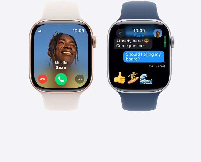 Frontvisning av to Apple Watch Series 10, med ett anrop og én tekstmelding på skjermen.