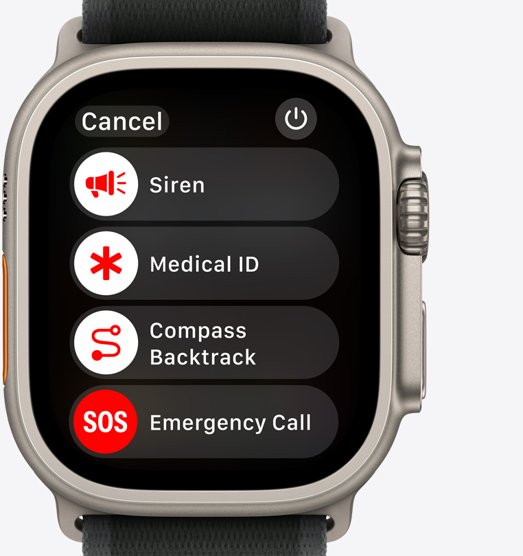 Front view of an Apple Watch Ultra 2 showing Siren, Medical ID, Compass Backtrack, and Emergency Call buttons.