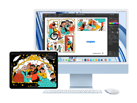 Hình ảnh minh họa đậm nét và vui tươi được hiển thị trên iPad cũng như màn hình iMac. Trên iMac, hình ảnh minh họa nằm trong ứng dụng sáng tạo.