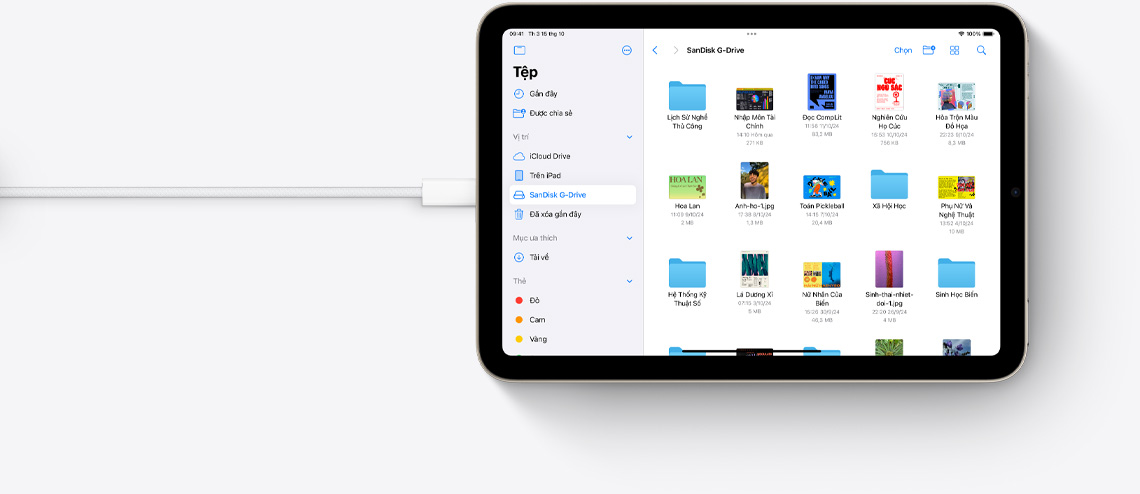 Ảnh trên iPad mini ở chế độ xem ngang được kết nối với cáp USB-C.