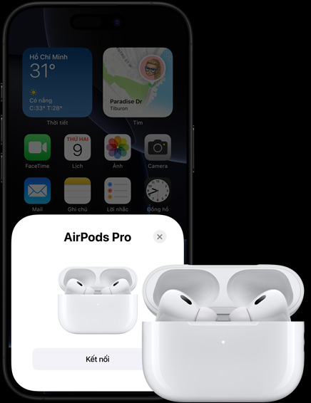 Minh họa tính năng Thông Suốt với iPhone và AirPods.